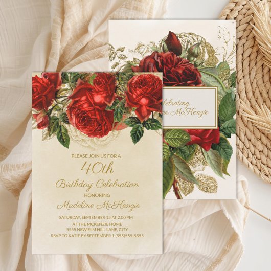 Invitation Elégant Champagne Roses Rouges 40e anniversaire