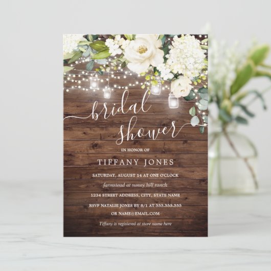 Invitation Élégant Champagne Rustique en Bois Fête des mariée (Debout devant)