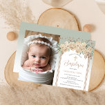 Invitation Élégant Champagne | Sage Floral Photo Baptême<br><div class="desc">Champagne élégant et classe et boudin vert sauge combiné à la parties scintillant d'or faux rose et un panneau en arche sur un design arrière - plan "Baptême" défraîchi. Tous les accents sont en or faux rose (imprimé plat). Dispose d'un dégradé vert à blanc foncé. Conception composite par Holiday Hearts...</div>