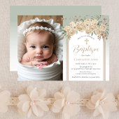 Invitation Élégant Champagne | Sage Floral Photo Baptême