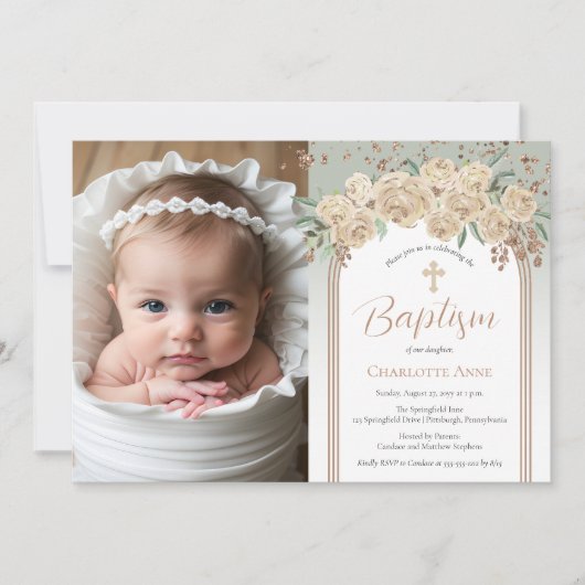 Invitation Élégant Champagne | Sage Floral Photo Baptême (Devant)