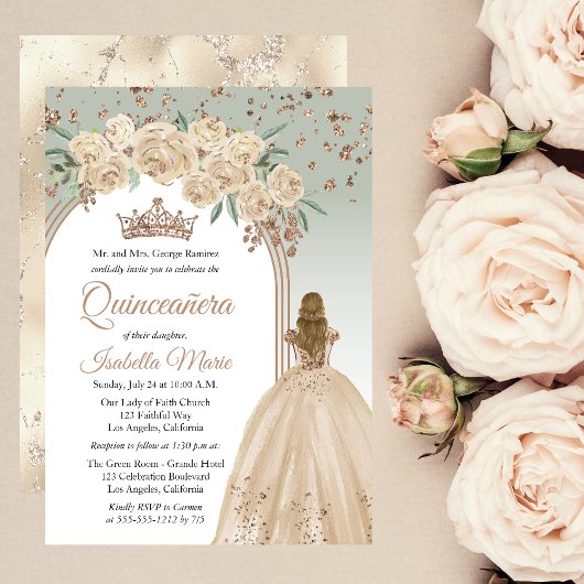 Invitation Élégant Champagne | Sage Floral Quinceañera Party