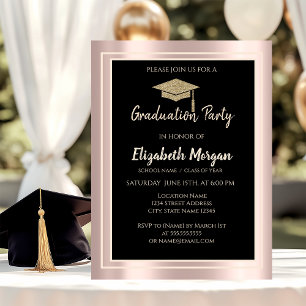 Invitation Élégant chapeau de graduation paillettes or rose g