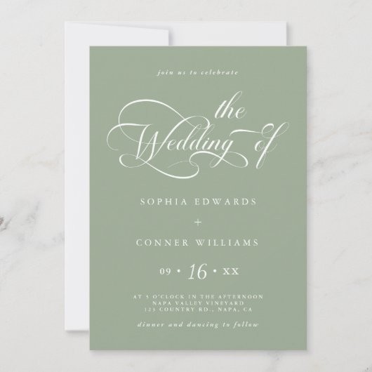 Invitation Élégant charme Script Mariage Sage Green (Devant)