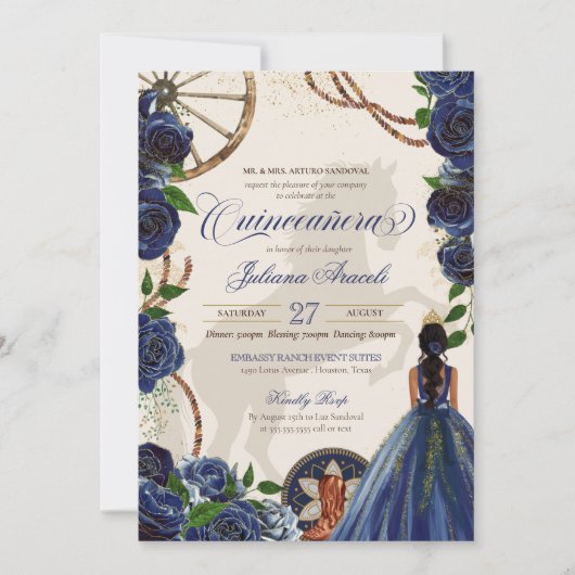 Invitation Elégant Charro Blue Rose Western Ranch Quinceanera (Devant)