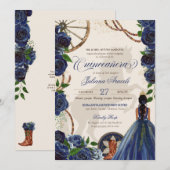 Invitation Elégant Charro Blue Rose Western Ranch Quinceanera (Devant / Derrière)