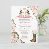 Invitation Élégant Charro Quinceanera blanc rose floral (Debout devant)