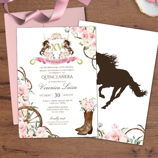 Invitation Élégant Charro Quinceanera blanc rose floral
