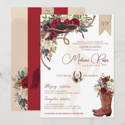 Invitation Élégant Charro Quinceanera d'hiver floral bordeaux (Devant / Derrière)