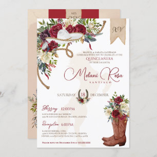 Invitation Élégant Charro Quinceanera d'hiver floral bordeaux
