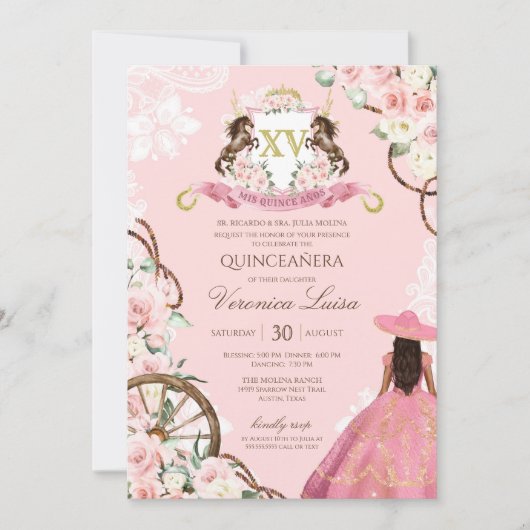 Invitation Élégant Charro rose Quinceanera Floral (Devant)