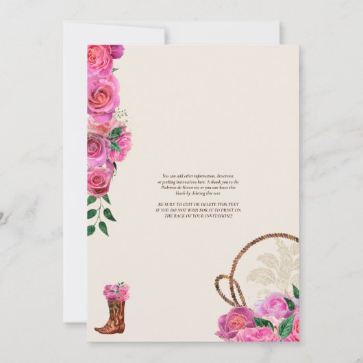 Invitation Elégant Charro Rose Rose Ranch Occidental Quincean (Dos)