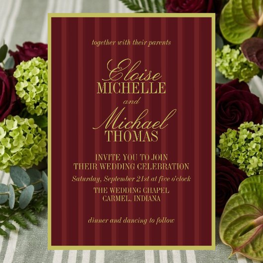 Invitation Elegant Chartreuse Burgundy Stripe Pattern Formal