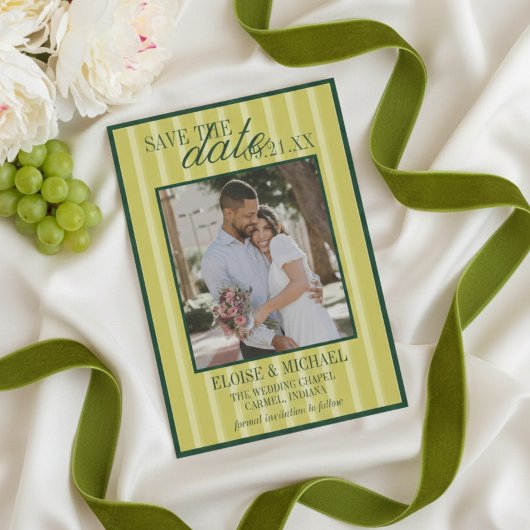 Invitation Elegant Chartreuse Stripe Pattern Photo Wedding