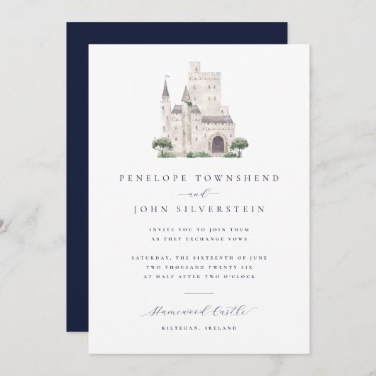 Invitation Elégant château d'aquarelle Mariage d'illustration (Devant / Derrière)