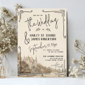 Invitation Élégant Château Français Main Tirée Mariage beige