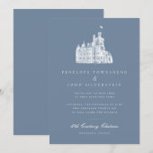 Invitation Elégant Château Illustration Mariage bleu français (Devant / Derrière)