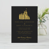 Invitation Elégant Château Illustration Mariage d'or noir (Debout devant)