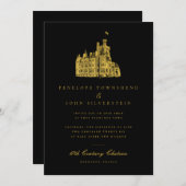 Invitation Elégant Château Illustration Mariage d'or noir (Devant / Derrière)