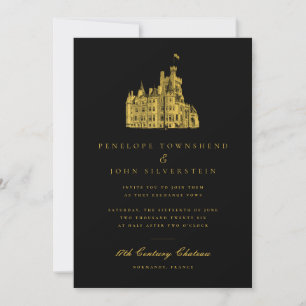 Invitation Elégant Château Illustration Mariage d'or noir