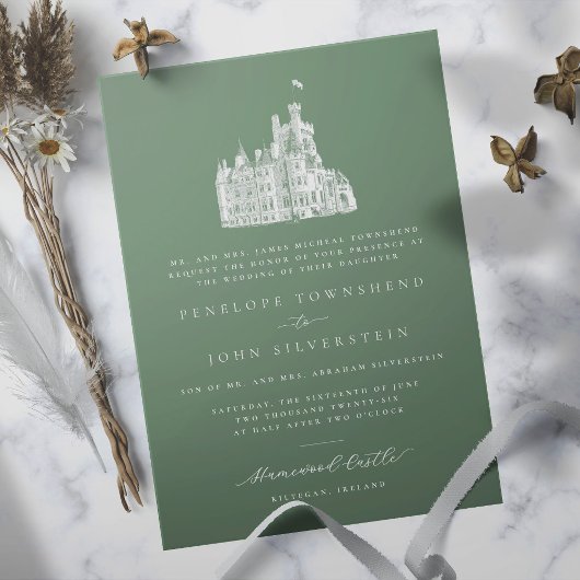 Invitation Elégant château Illustration Vert Mariage formel