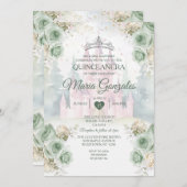 Invitation Elégant Château Sage Green Princesse Quinceañera (Devant / Derrière)