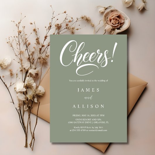 Invitation Elegant Cheers Script Sage Green Wedding