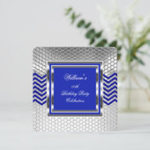 Invitation Elégant Chevron Blue Silver Hommes de fête d'anniv (Debout devant)