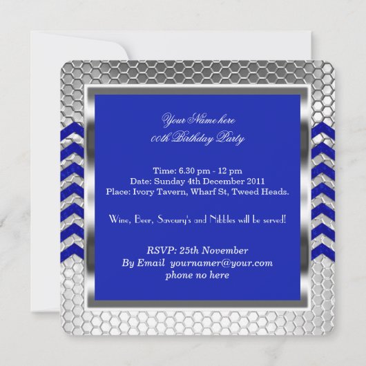 Invitation Elégant Chevron Blue Silver Hommes de fête d'anniv (Dos)