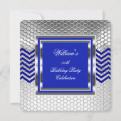 Invitation Elégant Chevron Blue Silver Hommes de fête d'anniv (Devant)