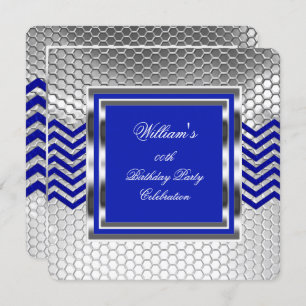 Invitation Elégant Chevron Blue Silver Hommes de fête d'anniv
