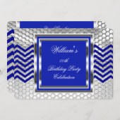 Invitation Elégant Chevron Blue Silver Hommes de fête d'anniv (Devant / Derrière)