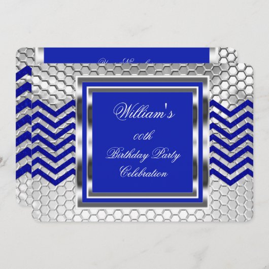 Invitation Elégant Chevron Blue Silver Hommes de fête d'anniv (Devant / Derrière)