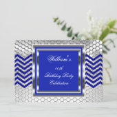 Invitation Elégant Chevron Blue Silver Hommes de fête d'anniv (Debout devant)
