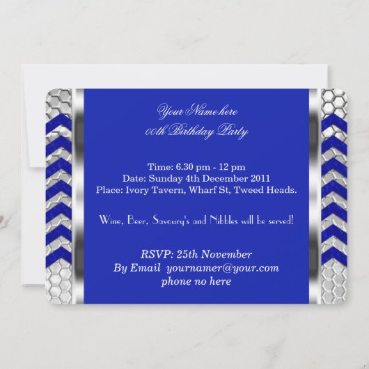 Invitation Elégant Chevron Blue Silver Hommes de fête d'anniv (Dos)