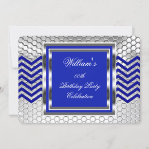 Invitation Elégant Chevron Blue Silver Hommes de fête d'anniv