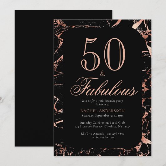 Invitation Élégant Chic 50e anniversaire Rose Gold Black Part (Devant / Derrière)