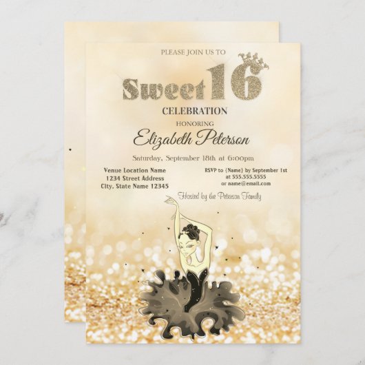 Invitation Élégant Chic Ballerina Gold Bokeh Sweet 16 (Devant / Derrière)