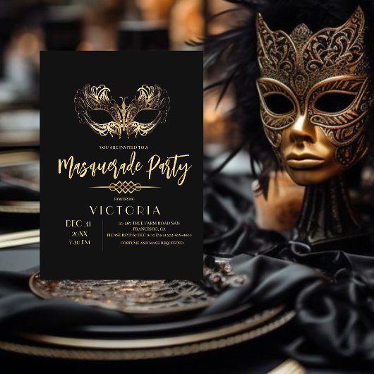 Invitation Elégant Chic Black Gold Masquerade fête d'annivers