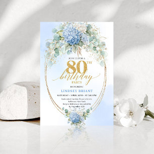 Invitation Élégant Chic Bleu Poussiéreux Floral Or 80e Annive