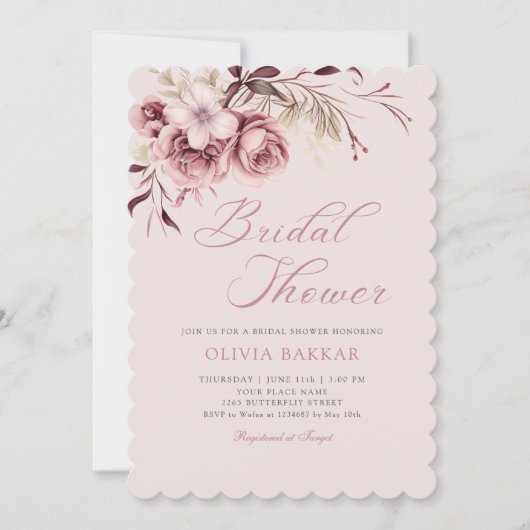 Invitation Élégant Chic Blush Boho rose Fête des mariées flor (Devant)