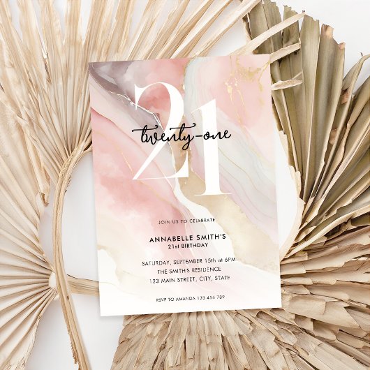 Invitation Élégant Chic Blush Pink Marble Agate 21e anniversa
