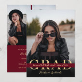 Invitation Élégant Chic Bourgogne et or Photo Graduation (Devant / Derrière)