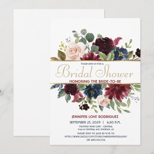 Invitation Elégant chic Bourgogne Marine Floral fleurit avec  (Devant / Derrière)