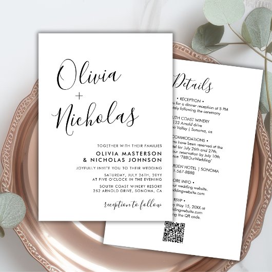 Invitation Élégant Chic Calligraphie Monogramme QR Code Maria