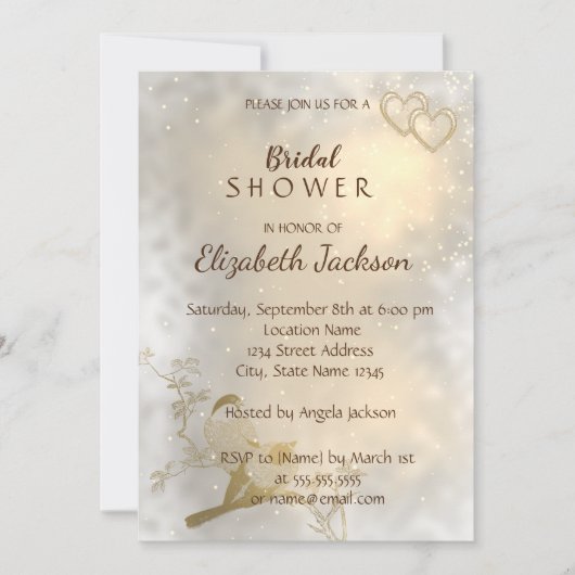 Invitation Élégant Chic Cœurs Dorés, Fête de Mariage Oiseaux (Devant)