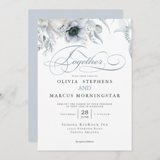 Invitation Élégant Chic Dusty Blue Floral (Devant / Derrière)