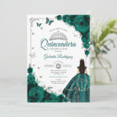 Invitation Élégant Chic Emerald Green Floral Quinceanera (Debout devant)