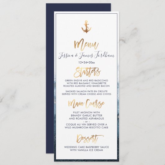 Invitation Elégant+Chic Faux Gold Ancre Menu (Devant / Derrière)
