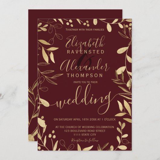 Invitation Élégant chic feuille or bouillon mariage floral bo (Devant / Derrière)